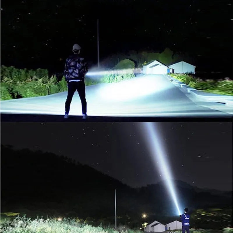 Black aluminium alloy tactical flashlight with USB charging port and multiple lighting modes