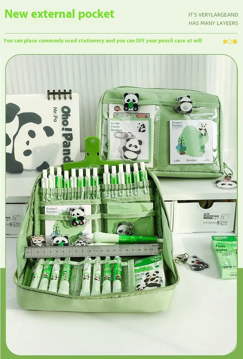 Green canvas 12 layer panda pencil case with Korean style design, open to show multiple compartments.