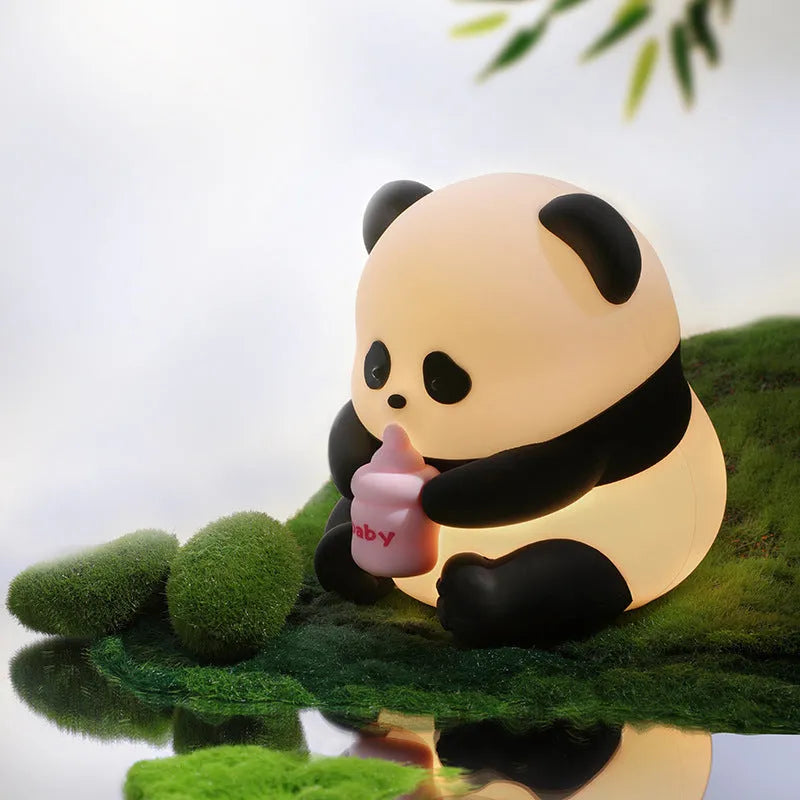Colourful cartoon flower panda silicone night light with built-in battery on bedside table