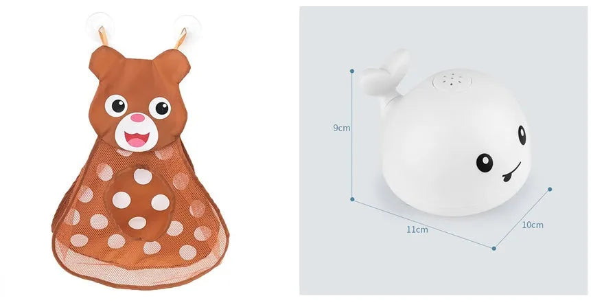 Whale-shaped electric bath toy spraying water with flashing lights, floating in baby bathtub