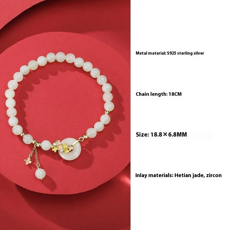 S925 sterling silver bracelet with 6mm natural Hetian jade stones and Osmanthus peace buckle design