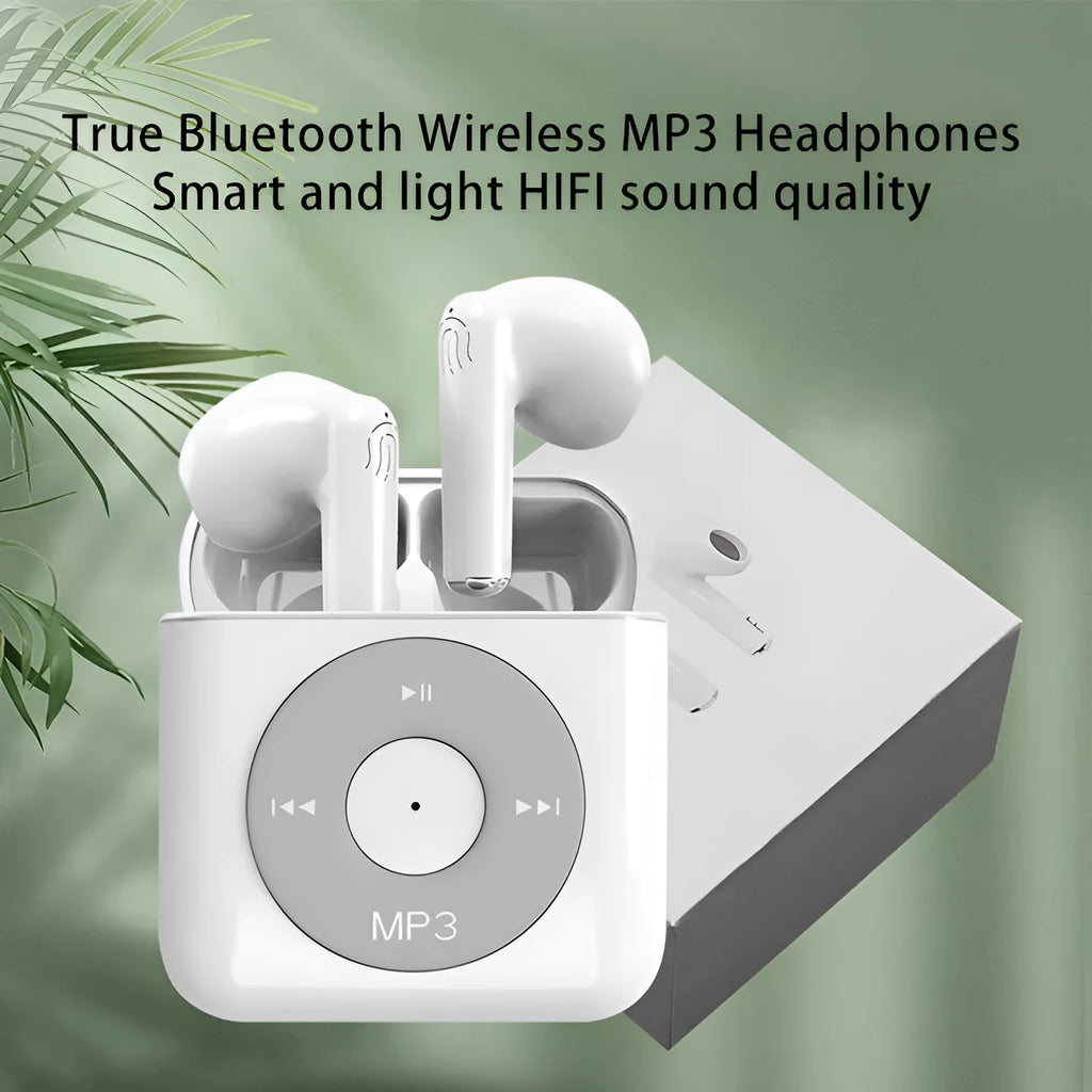White wireless Bluetooth semi-in-ear earphones and charging case on a table.