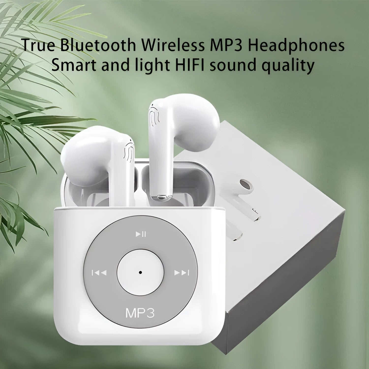 White wireless Bluetooth semi-in-ear earphones and charging case on a table.