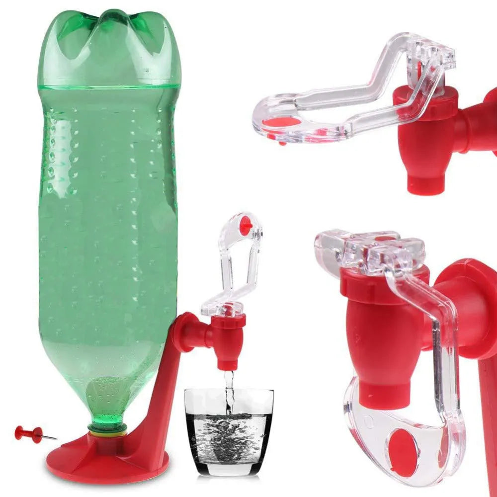 Red plastic Magic Tap soda drink dispenser attached to an inverted 2-litre bottle