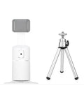 Black mini desktop camera tripod with extended legs and a U-shaped phone clip attached, on a white background.