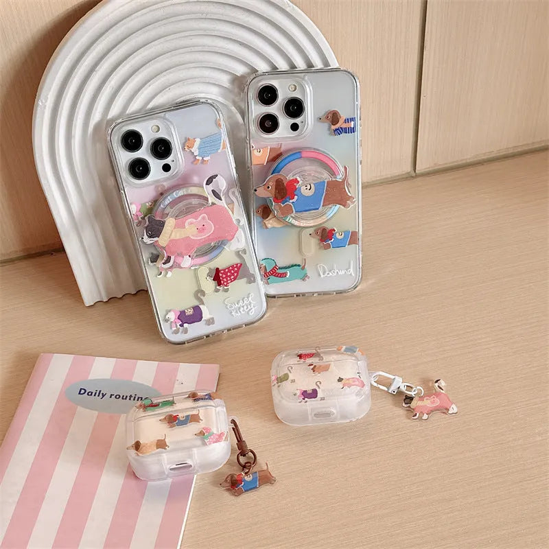 Gradient sausage dog TPU soft shell earphone protective case for AirPods with embossed cartoon design and pendant loop