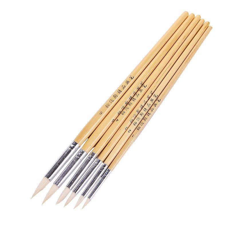 Six wooden hook line pen brushes for wool painting with natural wood handles