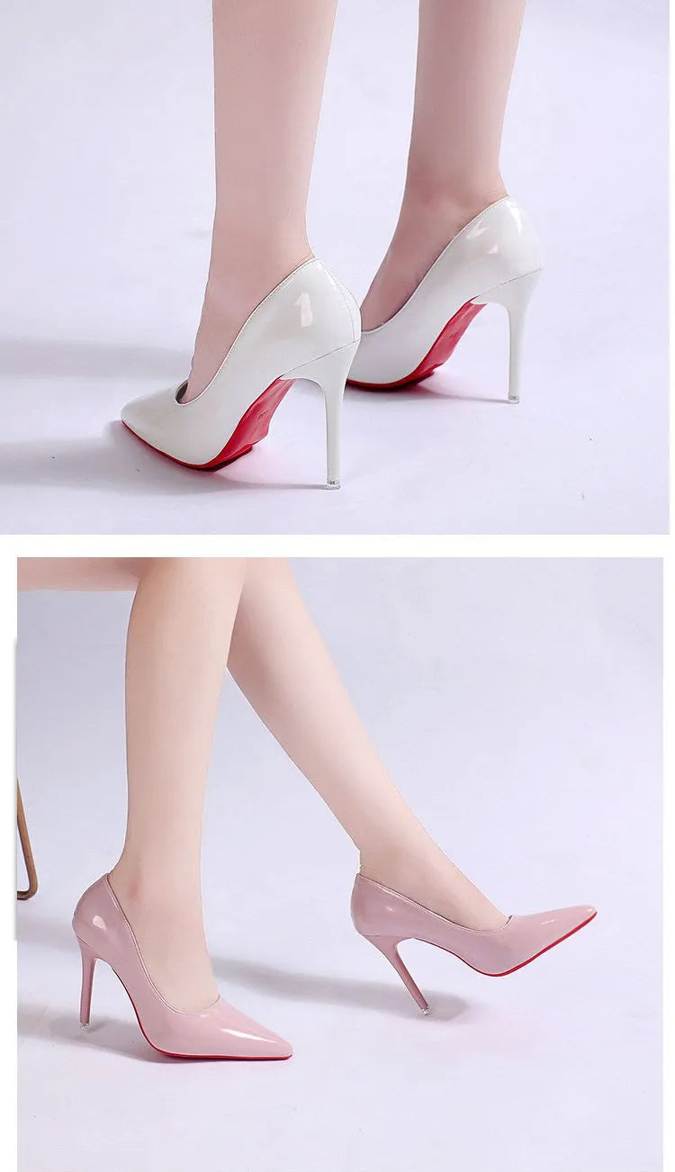Women's black stiletto heel pumps with pointed toe and shallow mouth design