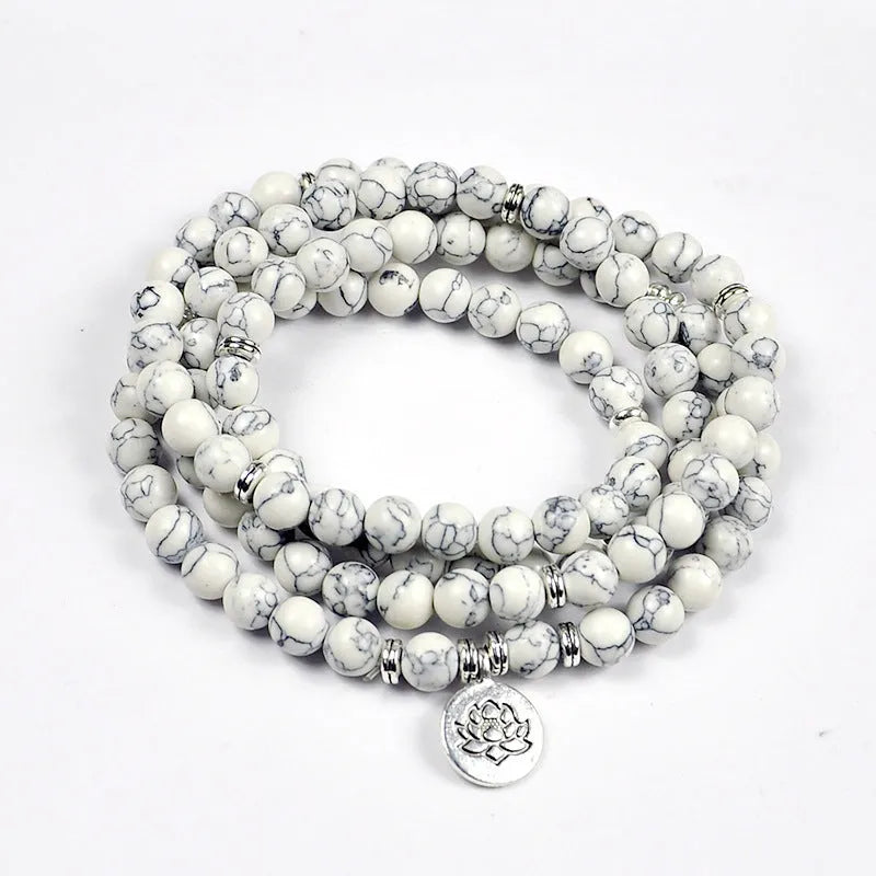 108 Buddha beads frosted stone bracelet necklace with lotus detail and Tiger Eye colour option