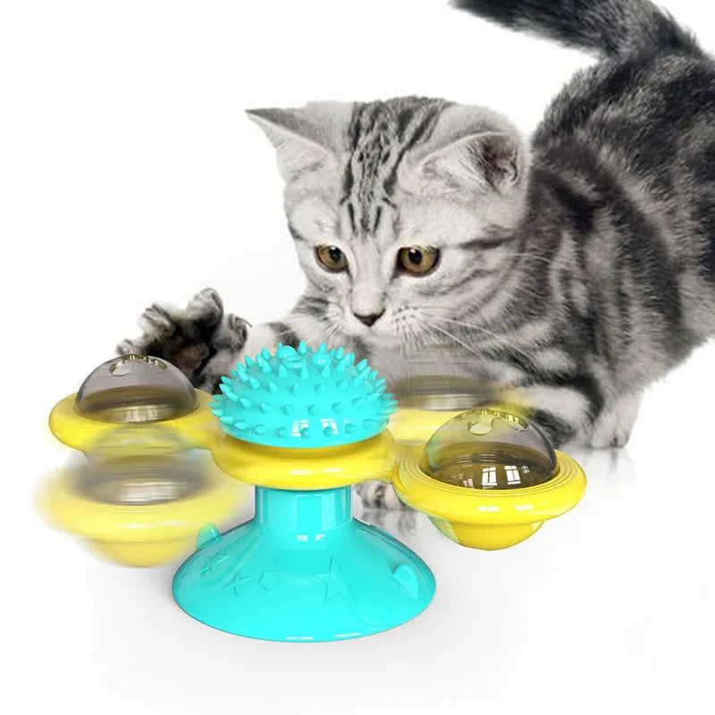 Cat rotating windmill multi-function toy with suction base and luminous ball in blue turntable colour