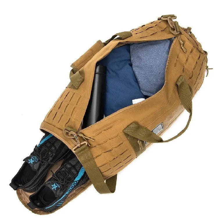 Men's khaki Oxford cloth sports travel bag with air pillow shoulder strap.