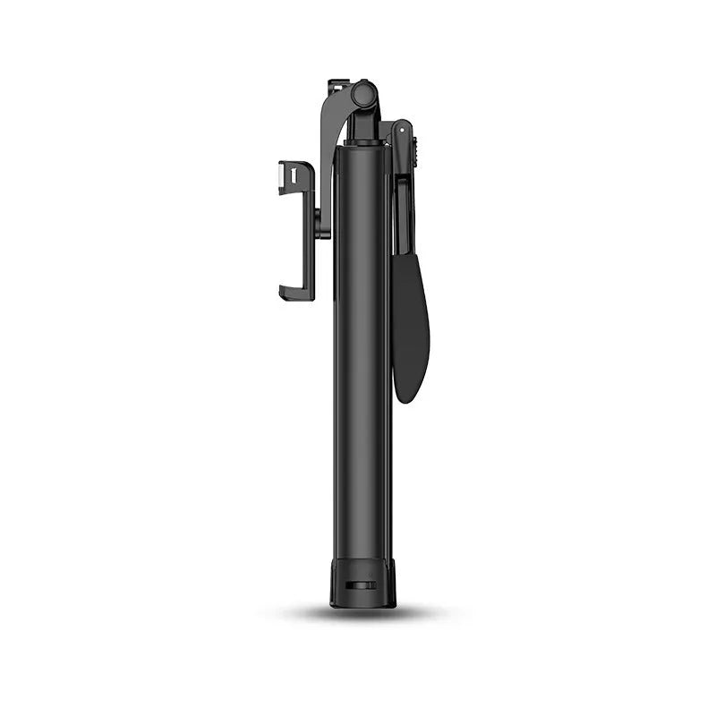 Extended black aluminium Bluetooth selfie stick with tripod legs and remote control for mobile phone.