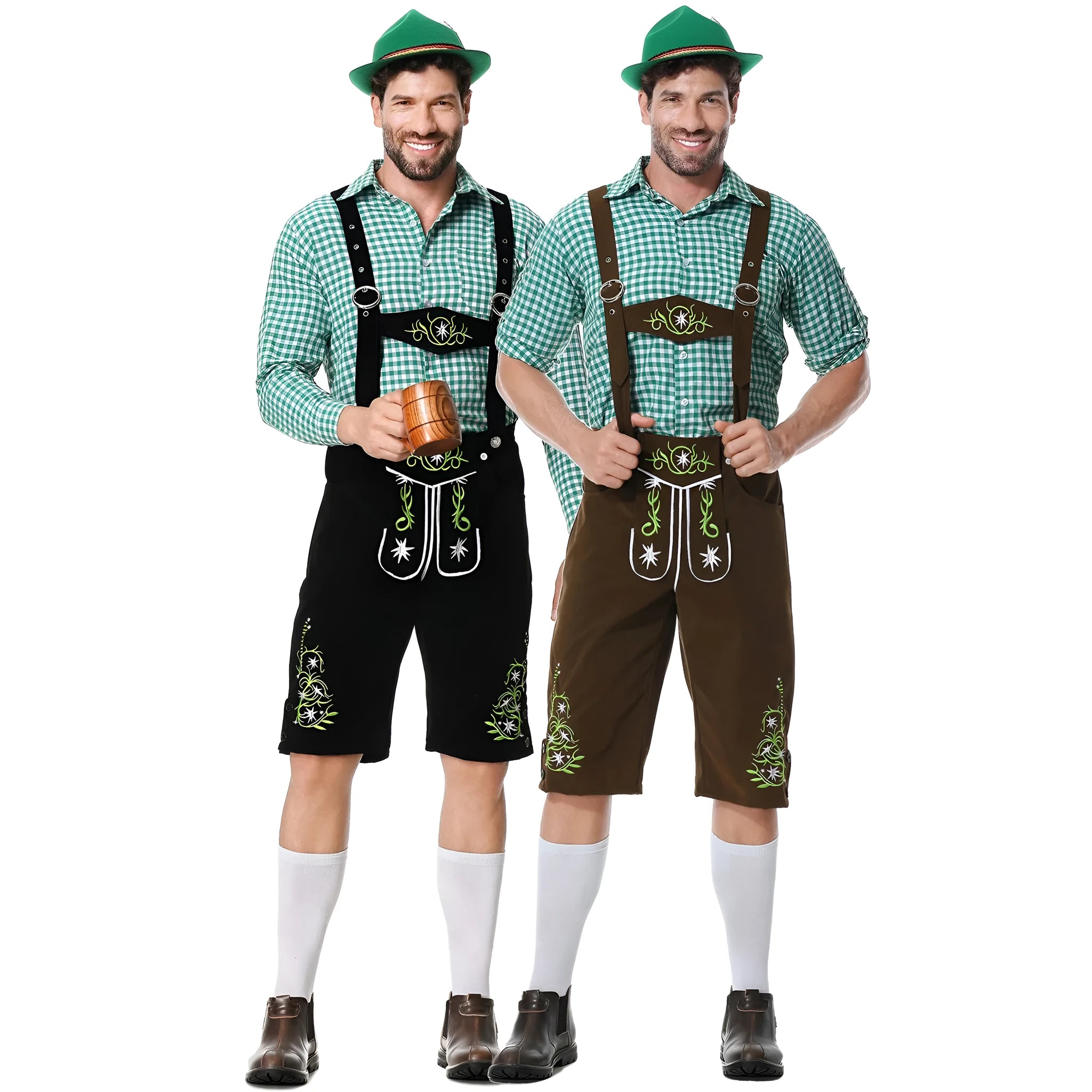 Men's plaid suspenders suit set in black with hat, top, camisole, and pants, polyester fabric, embroidery details