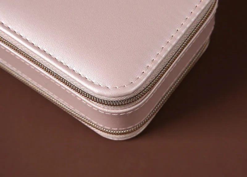 Portable travel jewelry box double-sided PU leather pearl velvet blue pink