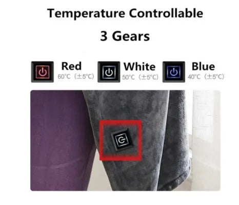 Dark grey USB electric heated plush blanket showing plug and control button.