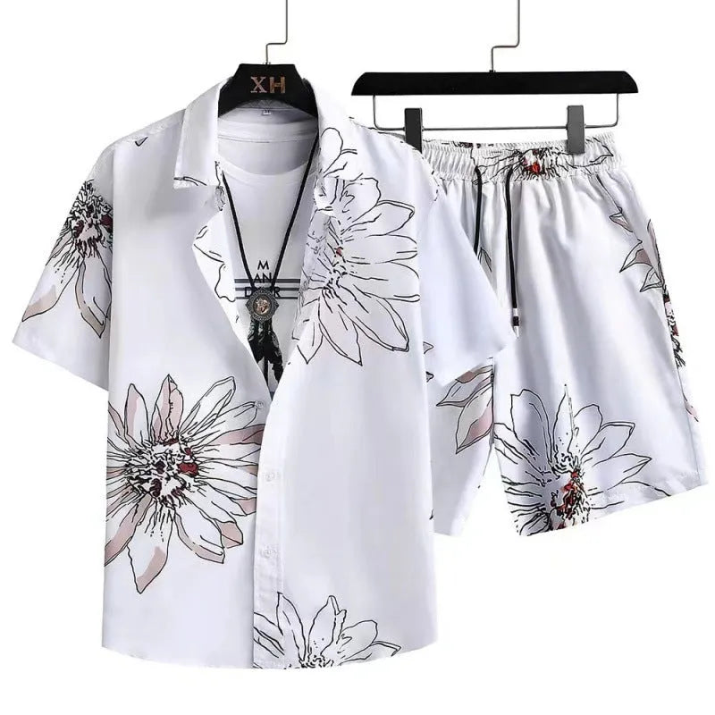 Man wearing a digital print cardigan and matching shorts from a men's casual polyester suit set.