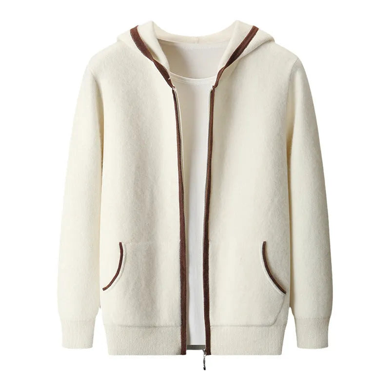 Casual zip-up hooded cashmere cardigan sweater in loose fit, available in white for youth