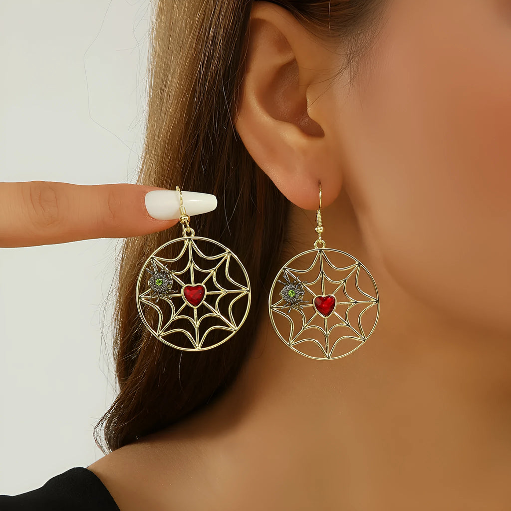 Silver colour spider web spider pendant dangle earrings