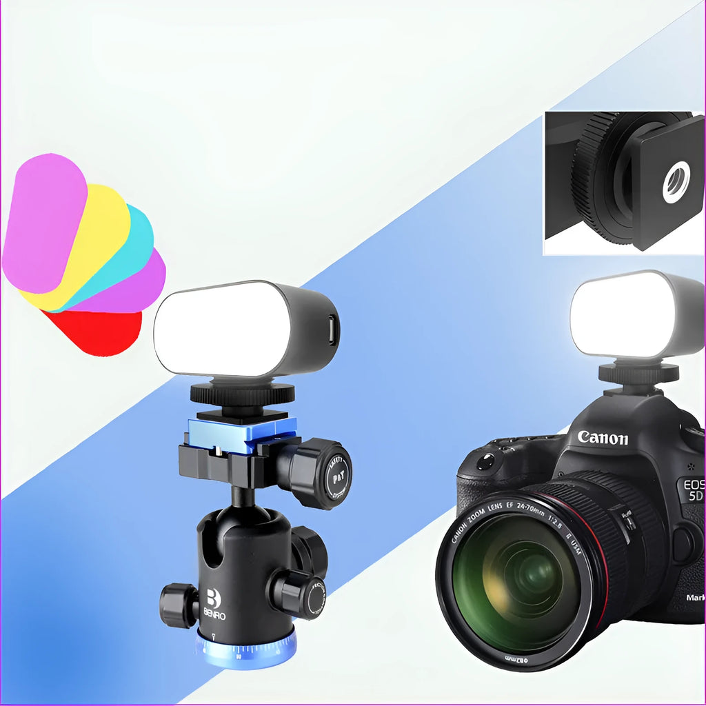 ST-30 black handheld mobile phone fill light with digital display, cold shoe mount, and colour palettes.