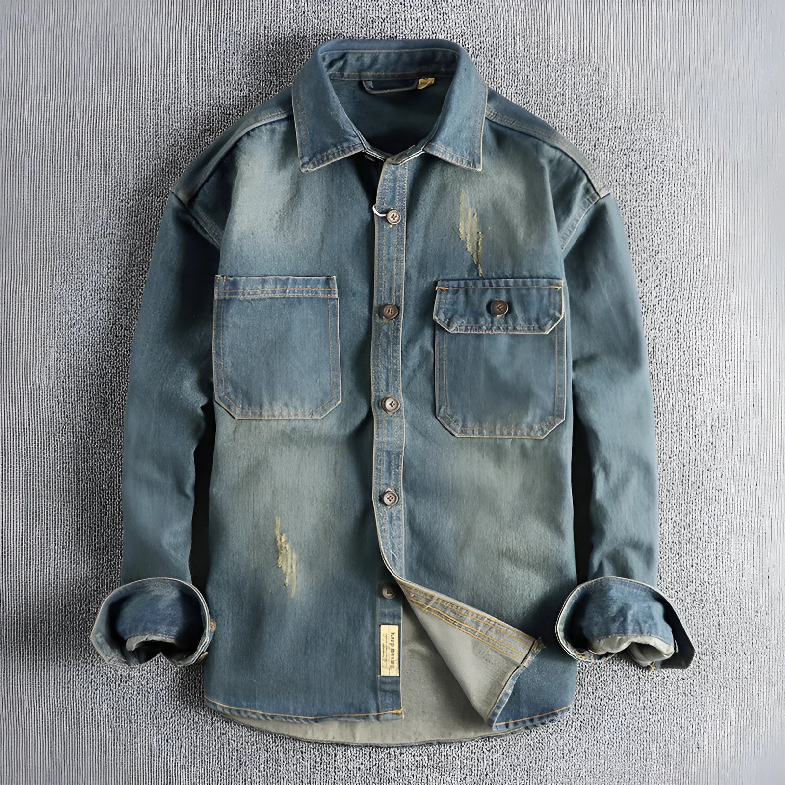 Men's light blue vintage washed denim shirt with long sleeves and loose cardigan style