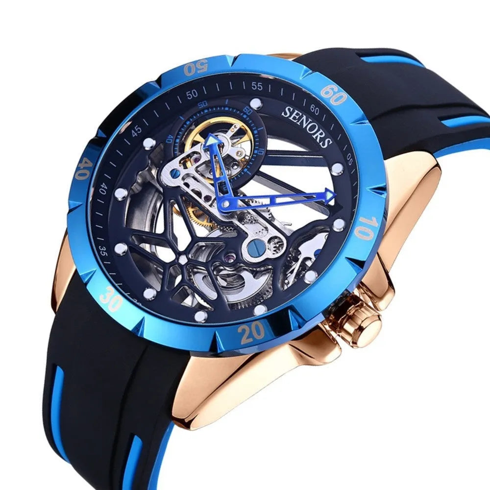 Men's rose gold skeleton automatic watch showing mechanical movement through hollow dial on wrist
