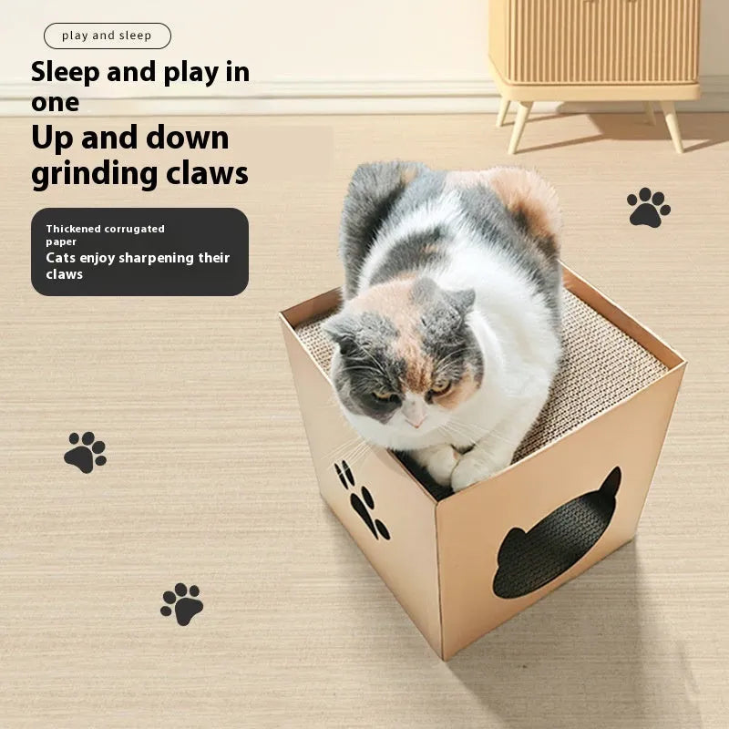 Vertical corrugated paper cat scratch board with pet milk carton design in 30cm cube dimensions