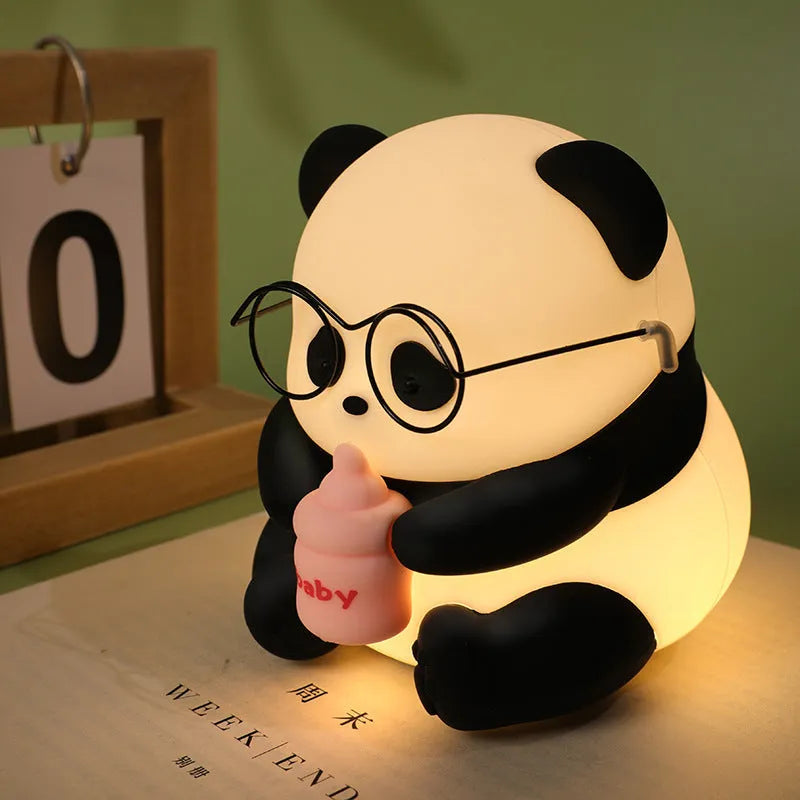 Colourful cartoon flower panda silicone night light with built-in battery on bedside table