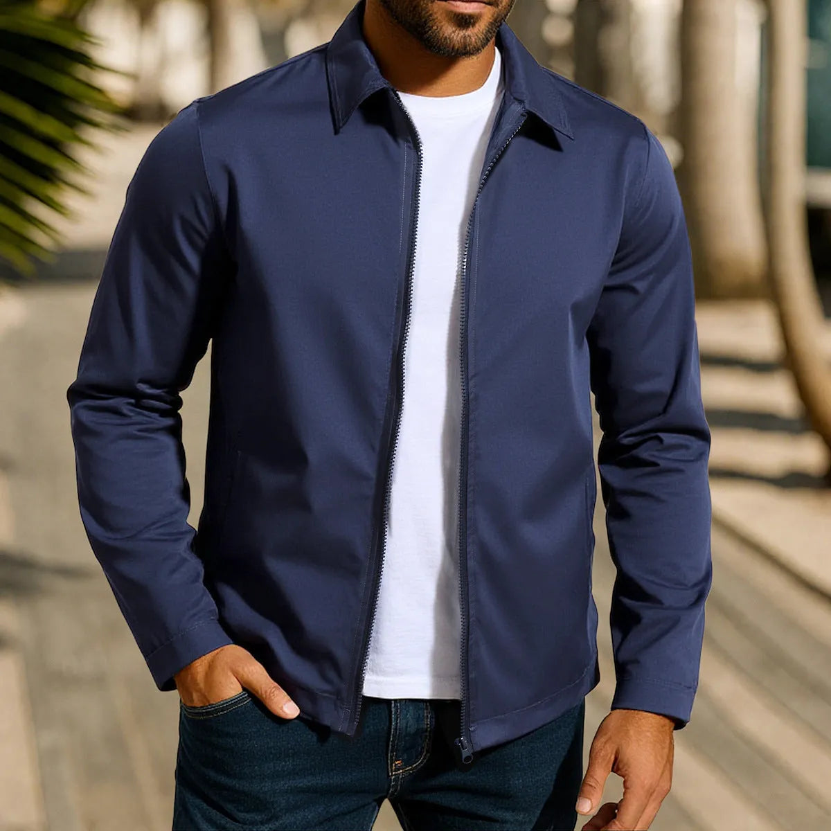 Men's zip-front cardigan jacket with raglan sleeves in emerald green, shown on a model.