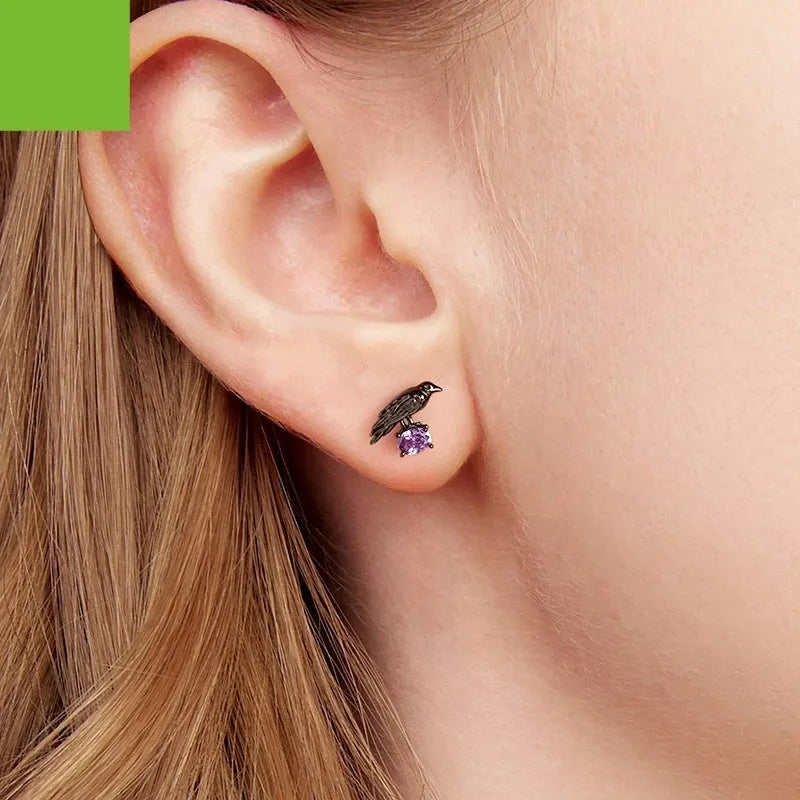 Halloween dark style crow stud earrings in S925 sterling silver with black electroplating for women