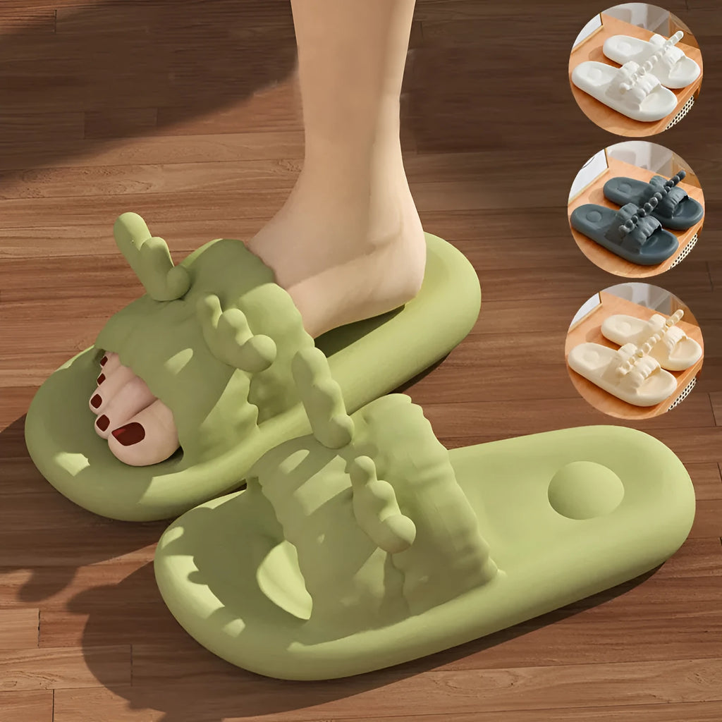 Cute deer horn design flip flop slippers in light yellow with a breathable hollow out EVA upper.