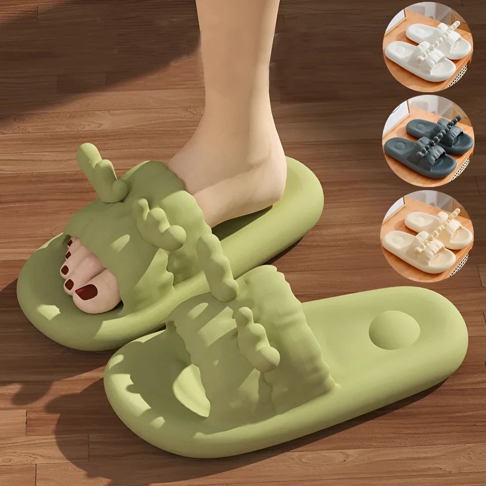 Cute deer horn design flip flop slippers in light yellow with a breathable hollow out EVA upper.