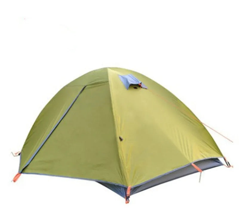 Double layer 2 person camping tent in grass green orange with 210T PU coated outer, 2100 Oxford cloth groundsheet and 8M glass fibre poles