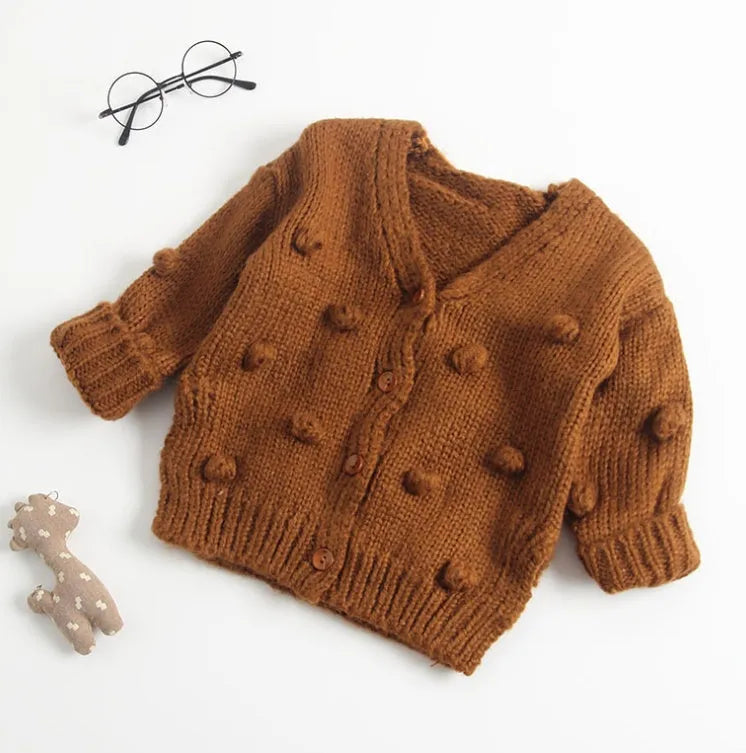 Baby girl sweater in brown, pink, and yellow knit pullover for toddlers 73-100cm