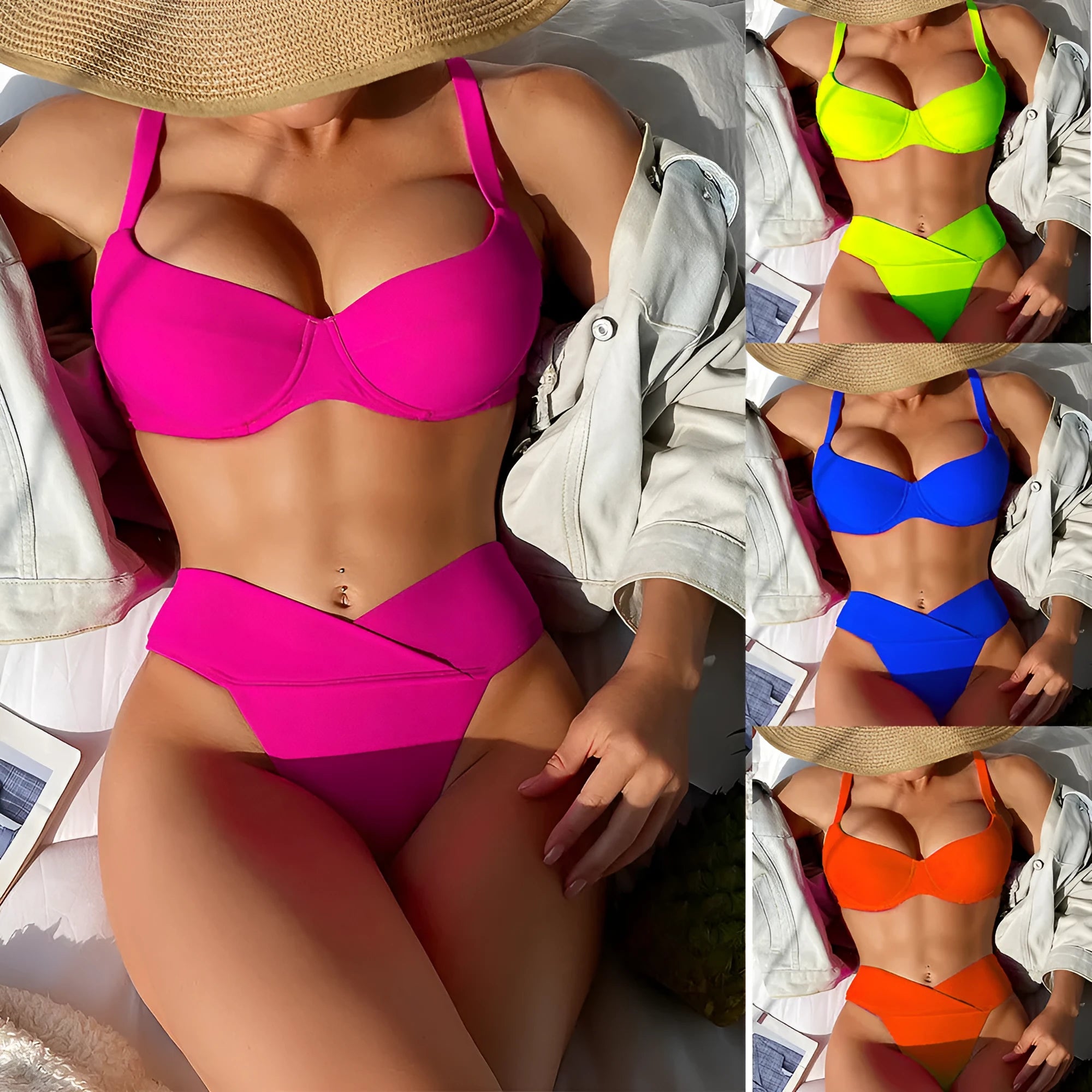 Women's solid colour bikini swimsuit in fluorescent pink, green, blue, orange or black with brief style