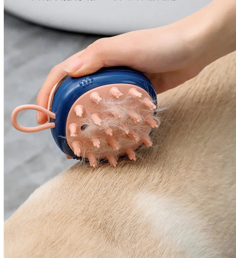 Blue pet grooming brush with soap dispenser and silicone bristles for dogs and cats