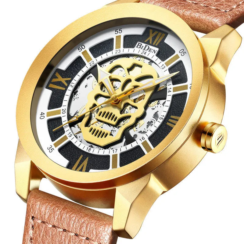 Biden men's hollow dial quartz watch with brown leather strap and date display