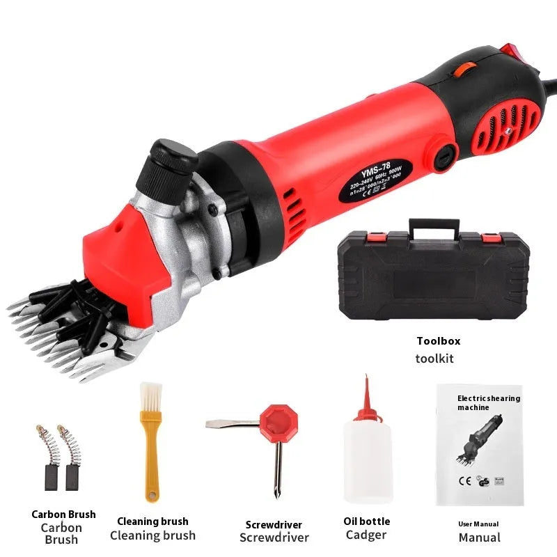 Yellow electric wool shears with 110V plug and multiple blade sets including straight and curved knives