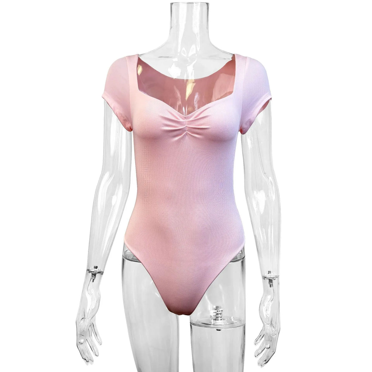 Light pink V-neck short sleeve bodysuit, slim fit, 65cm mid-length, pullover style, women's commuting jumpsuit.