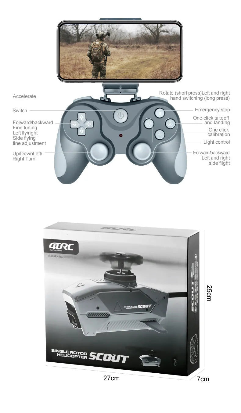 Silver remote control drone with 8K dual camera, optical flow stability, follow mode and stunt flight, under 30cm