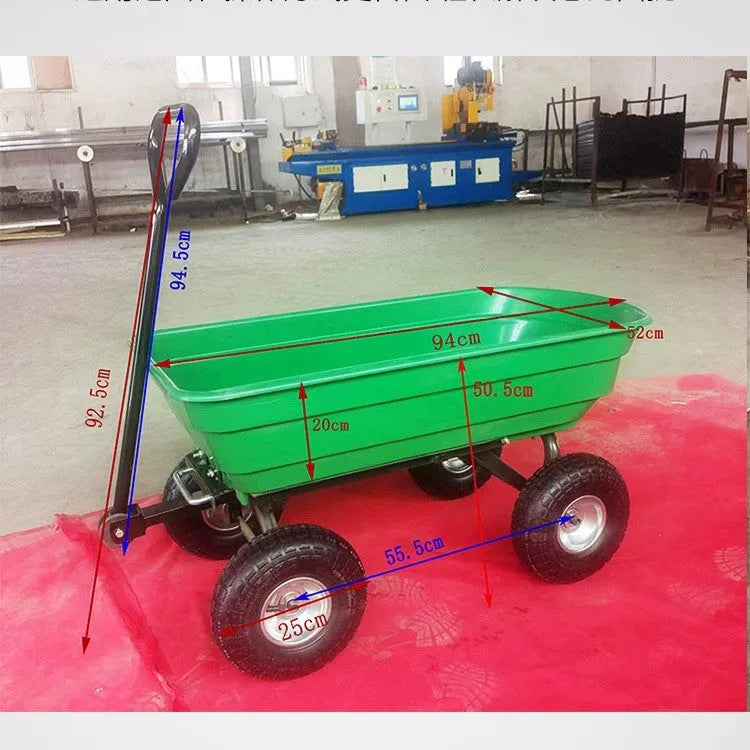 Green four-wheel plastic dumptruck with steel PP construction and 350kg load capacity
