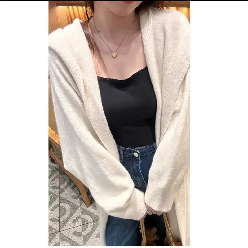 Korean style long hooded cardigan for women in a wool blend fabric, shown in oatmeal colour.