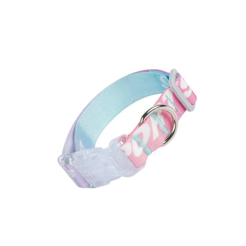 A cartoon gradient print adjustable nylon dog collar shown in sizes S, M, and L for small to large dogs.