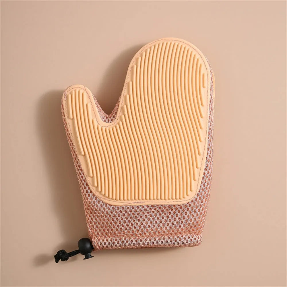 Dark blue pet grooming glove for removing cat and dog hair with mesh surface