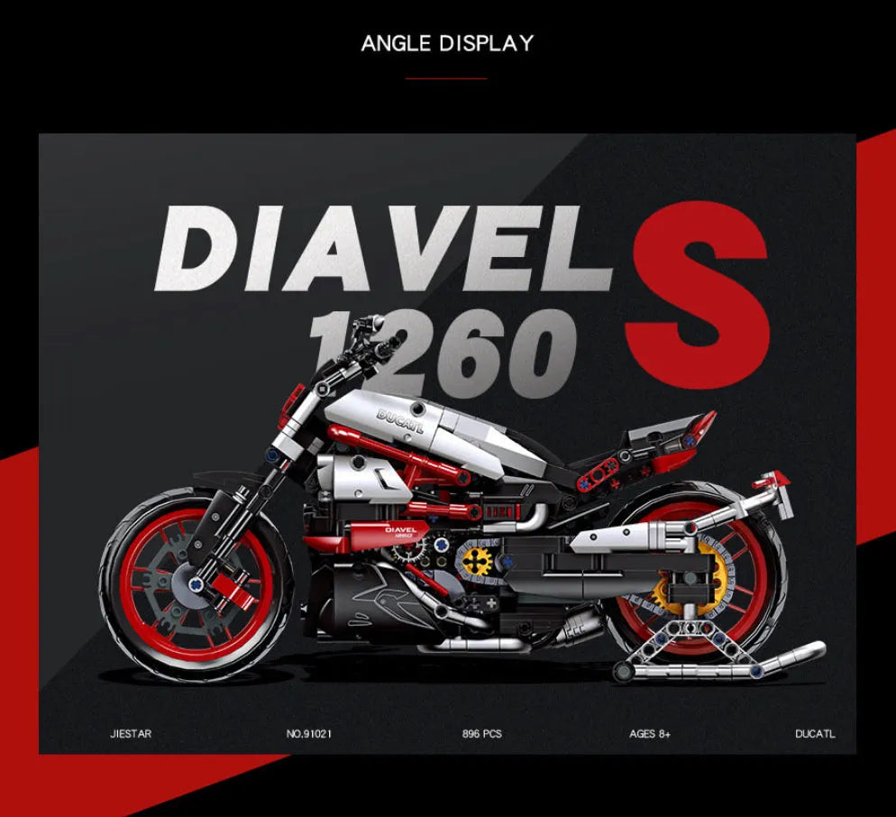 Motorcycle model ornament made from children's sectional building blocks in colour 1021, size 32x10x8.5cm