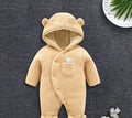 Cotton lamb baby winter romper suit in brown, showing long sleeves and feet covering.