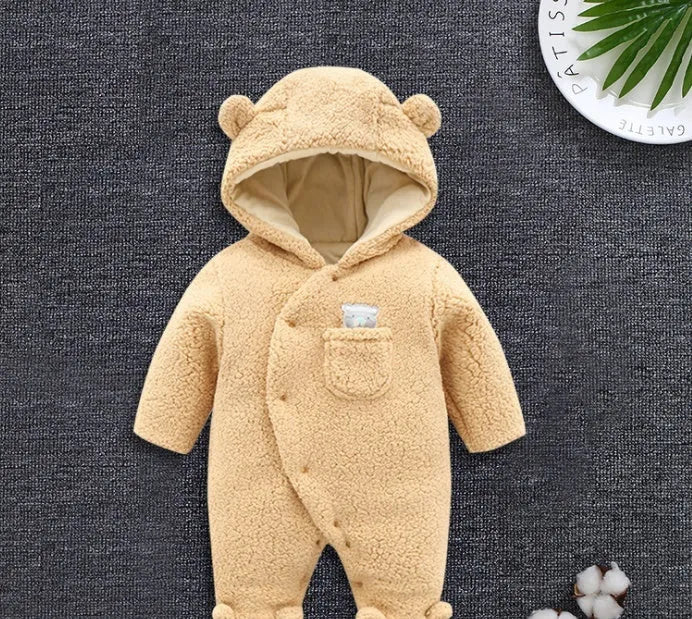 Cotton lamb baby winter romper suit in brown, showing long sleeves and feet covering.