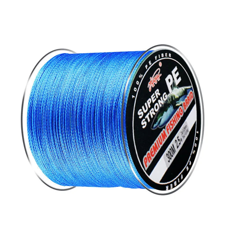 A reel of 300-metre, 4-section PE fishing line available in multiple colours and line numbers.