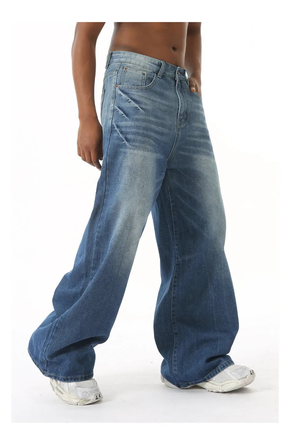 Men's retro washed light blue jeans, loose straight wide leg, mid waist, zipper fly, cotton blend
