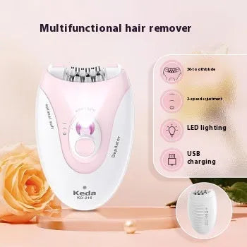 KEDA-216 coloured USB electric epilator for full body hair removal with brush cleaner