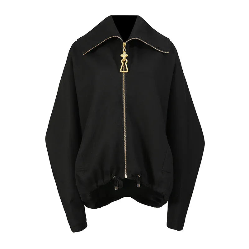 Women's loose drawstring jacket with heavy embroidery and patchwork, cotton-polyester, black or brown, sizes S M L